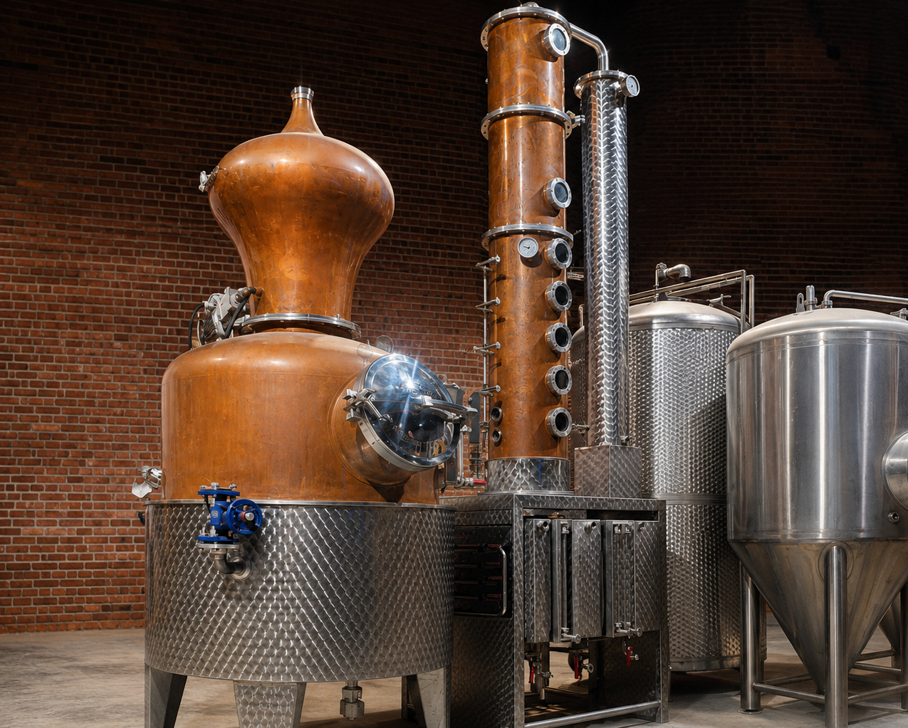 Danger Distillery's copper pot still and copper column inside the Tampa distillery