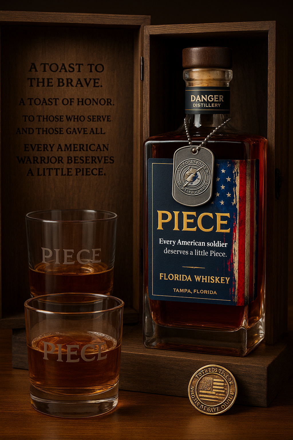 Piece Florida Whiskey concept in a wooden presentation box