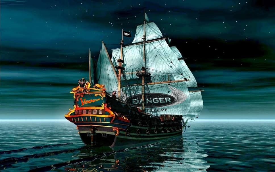 Pirate ship carrying the Veronica Rum and Danger Distillery branding